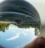 A closeup shot of a person holding a crystal ball with the reflection of trees, road, and the sky